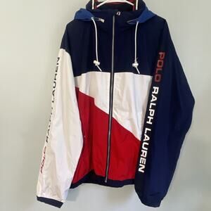 Polo Sport Ralph Lauren Spellout Full Zip Colorblock Jacket Red White Blue Flag